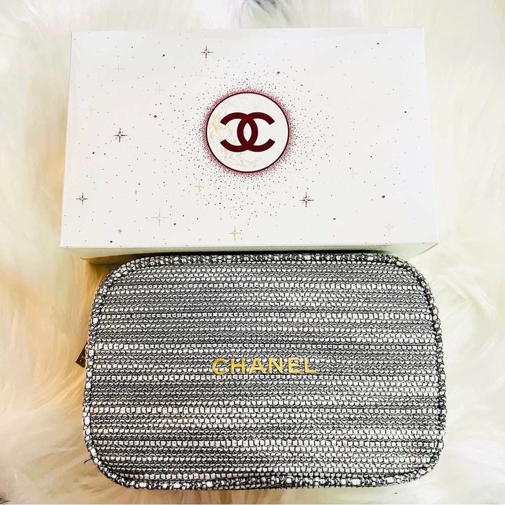 Chanel Silver Grey, Black & White Tweed Pouch New Box can be converted to bag